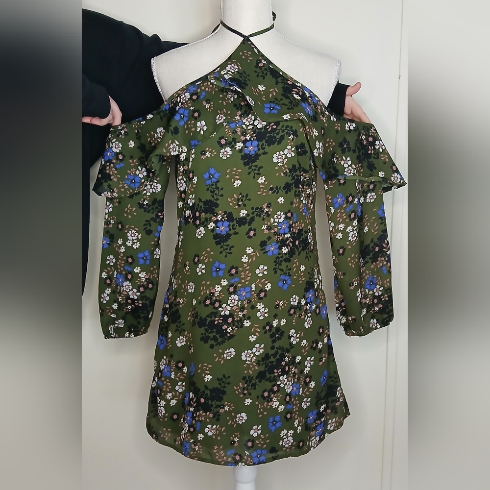 Charlotte Russe Floral Off-Shoulder Mini Dress - Green and Blue